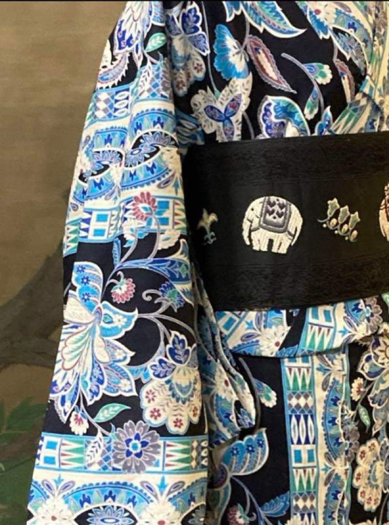 ターコイズ浴衣　更紗柄　エキゾチック変わり織り　単衣　浴衣　帯プレゼント付き