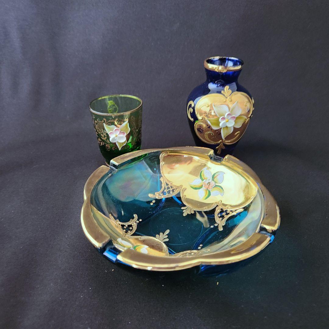ベネチアアン ガラス 金彩 灰皿 花瓶 ショットグラス 計3点