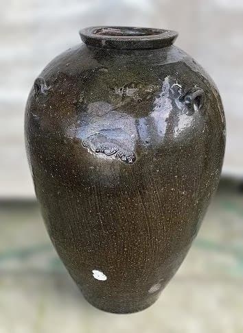 古薩摩 苗代川焼 四耳壷 黒酢壷 古民具 庭造 水瓶 甕壺 花華 釉薬