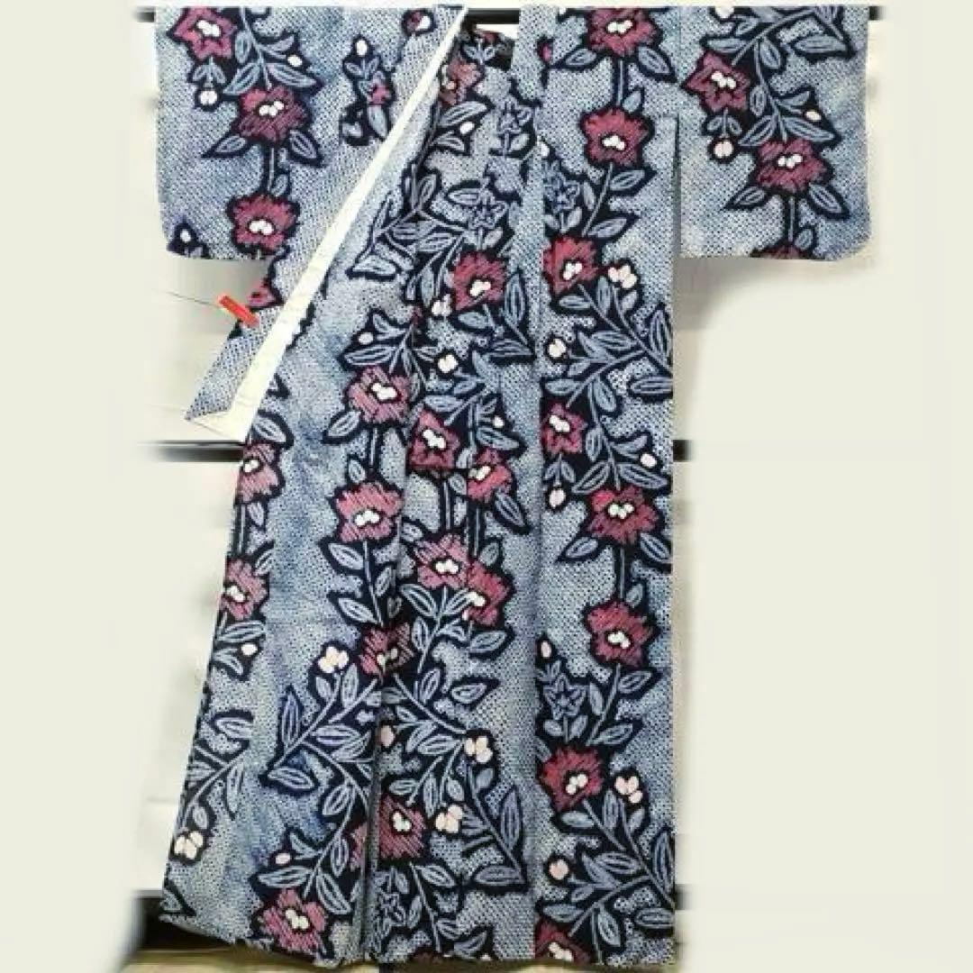 浴衣　有松絞り　花文様　三浦絞り　有松鳴海絞り　紺地　トールサイズ