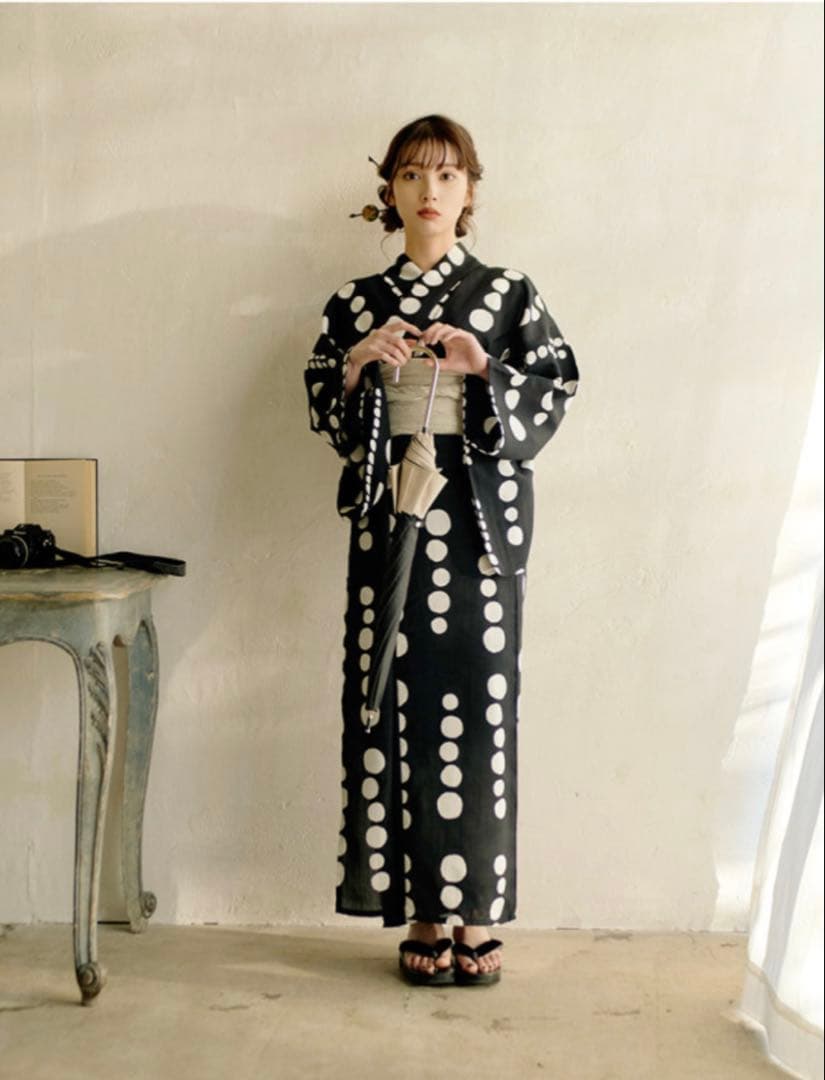 【新品・未使用】オトナ浴衣・帯セット 黒白水玉