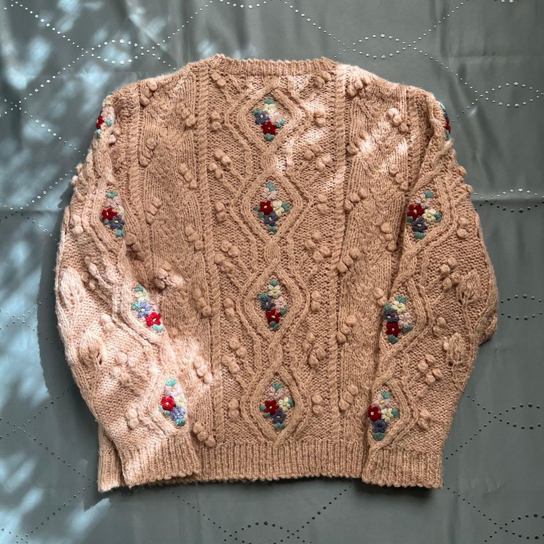 古着 ピンクハウス 花刺繍 ローゲージ手編み アランニット ピンク ヴィンテージ