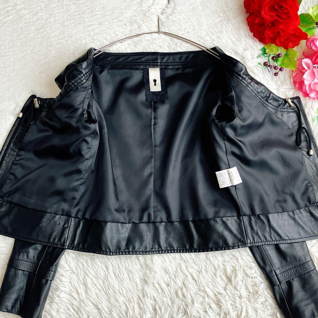 銀座マギー★カウレザー ライダースジャケット ノーカラー フリル 本革 ブラック