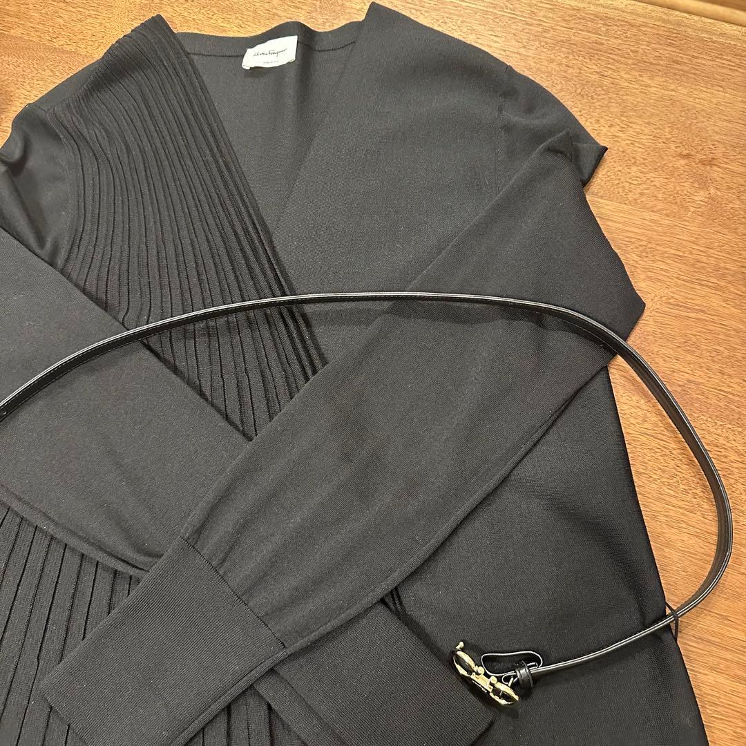 ★サルヴァドーレ フェラガモ★ウールシルクロングカーディガン 黒 ベルト付