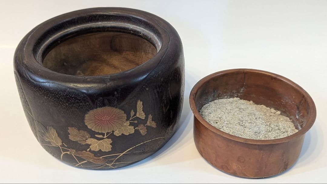 時代物　小型手あぶり火鉢　一刀彫 蒔絵　古道具　アンティーク　骨董　天然木