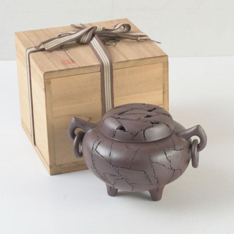 常滑焼　小西洋平作　切練込　香炉　透かし蓋　共箱　V　9623