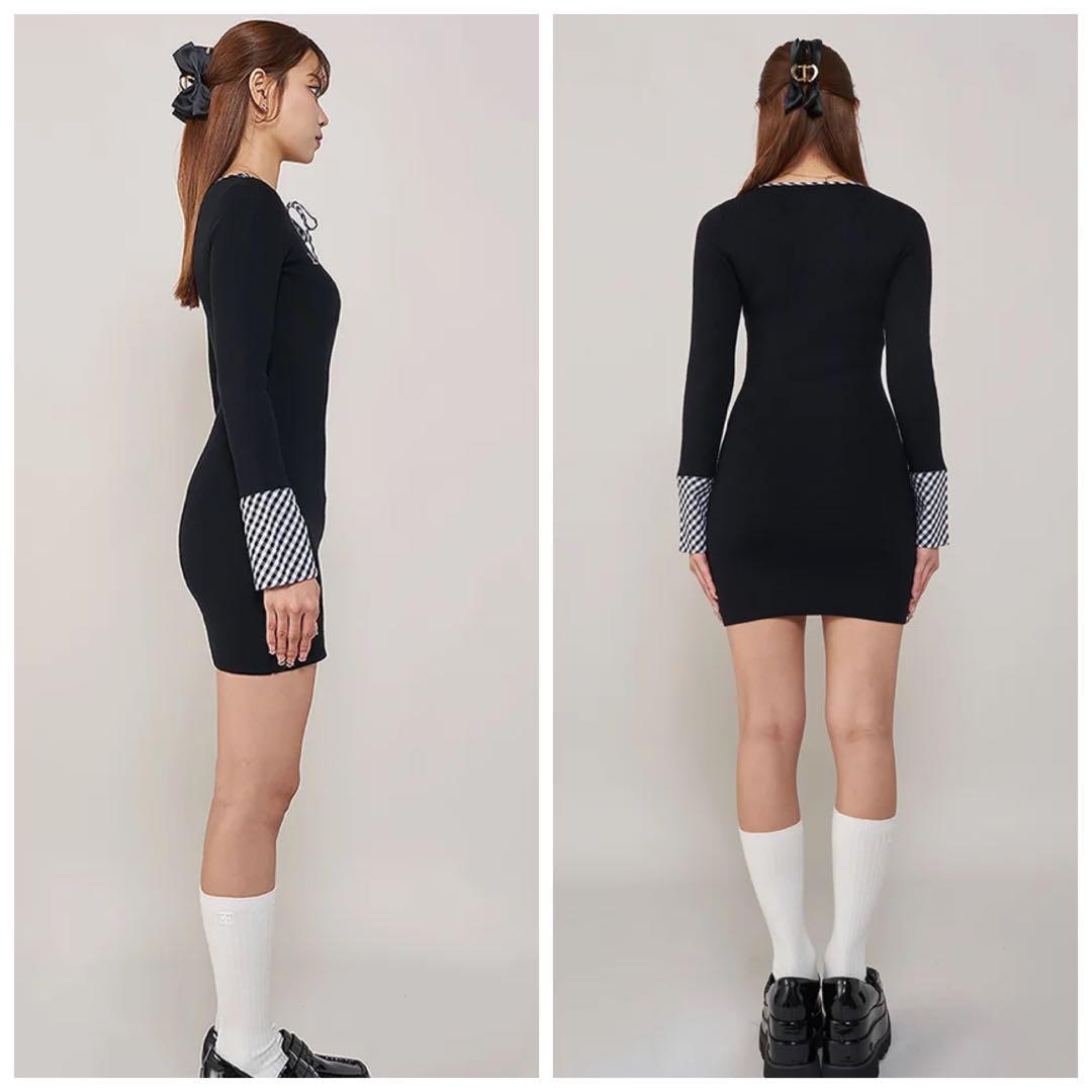 【大人気】ダーリッチ チェックリボンニットミニワンピース　黒