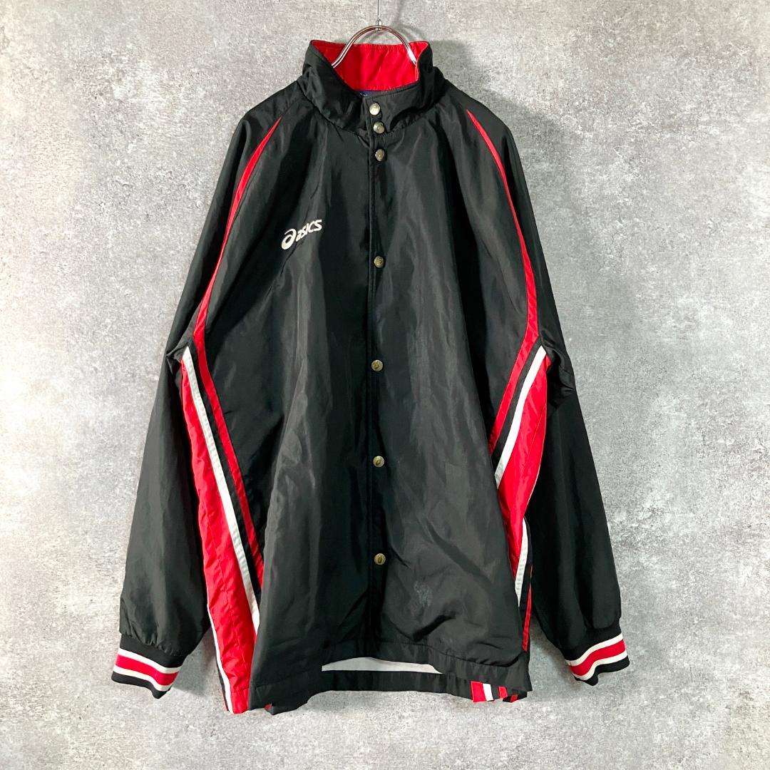 asics　ウィンドブレーカー　セットアップ　ブラック　ボタン　防寒　ロゴ　刺繍