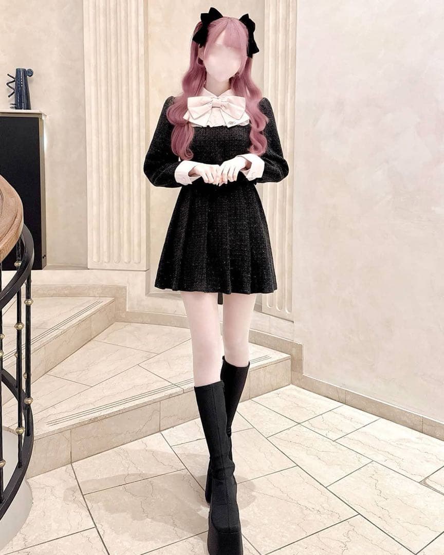 Honey mewビッグリボンツイードプリーツワンピース ブラック XSサイズ