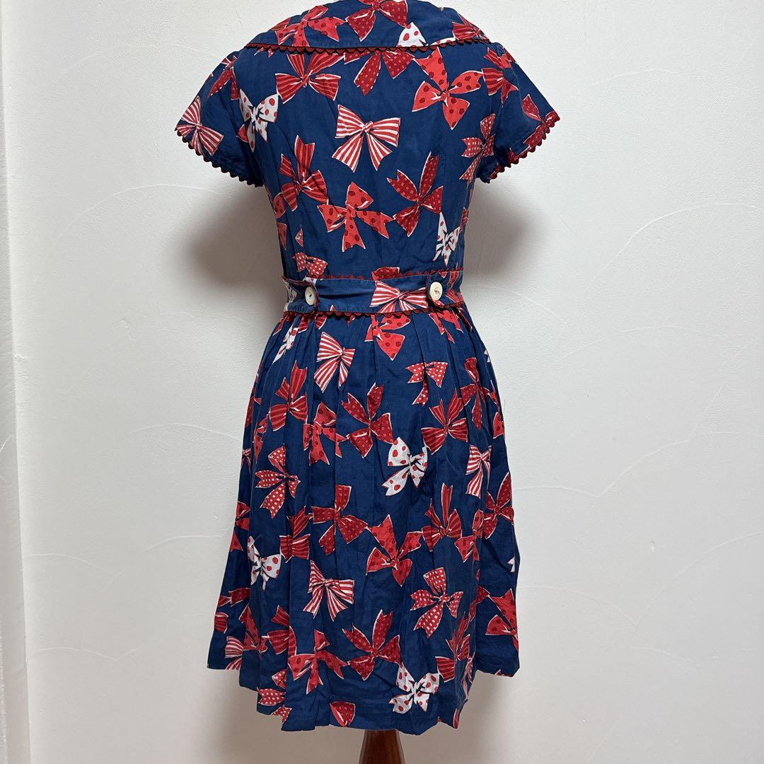 ジェーンマープル　リボン柄半袖ワンピース ネイビー