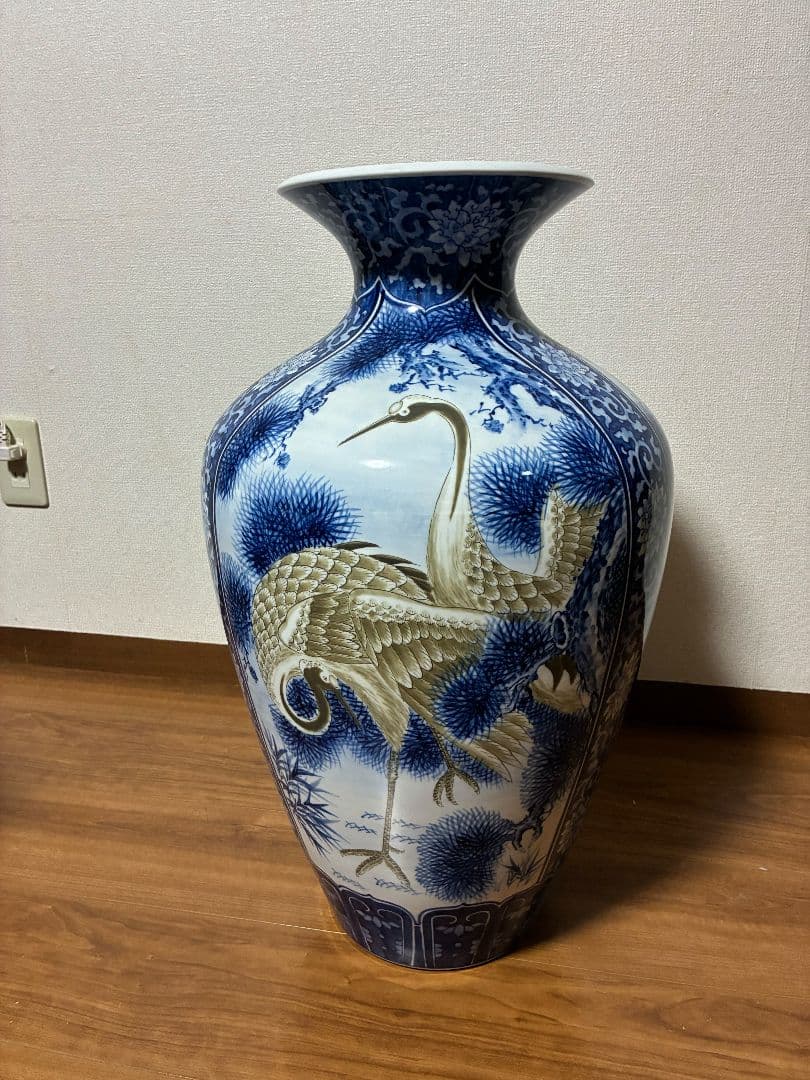 青白陶器花瓶 鶴 鷹 鯉