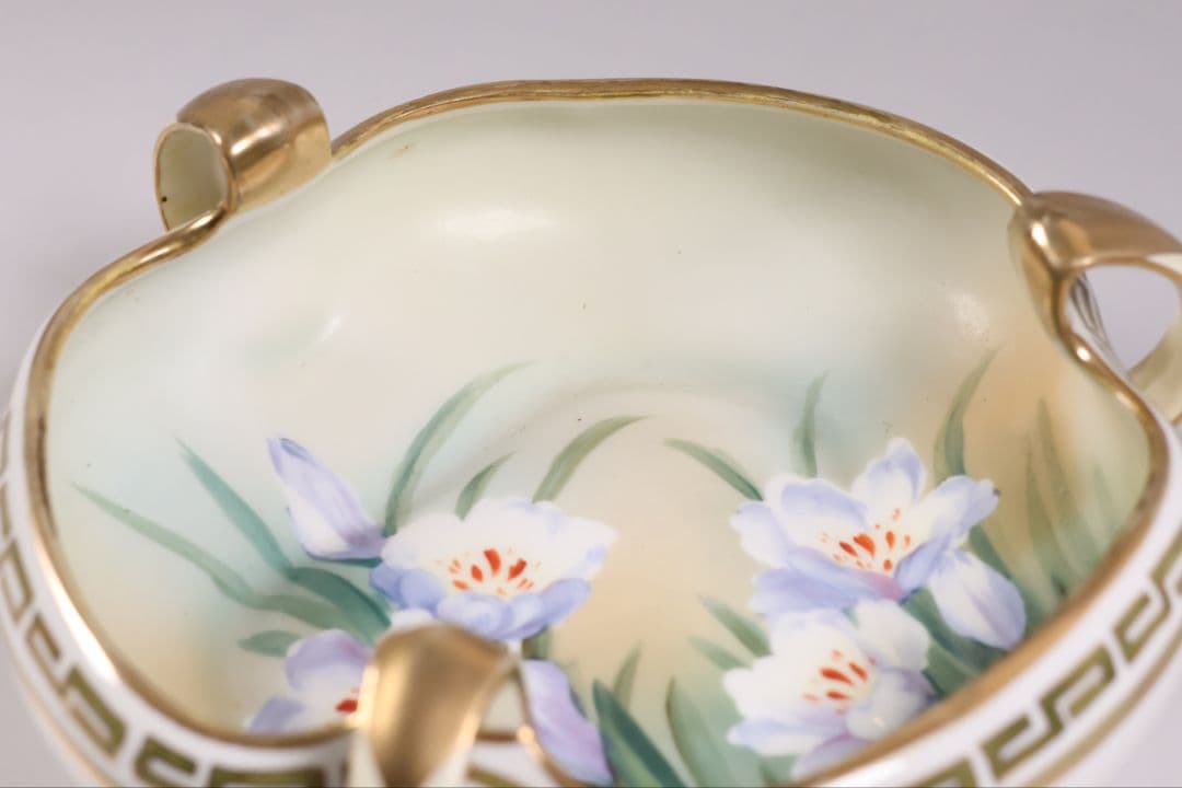 【CM307】オールドノリタケ 草花 三耳 皿 鉢 幅18.3cm 金彩 水仙