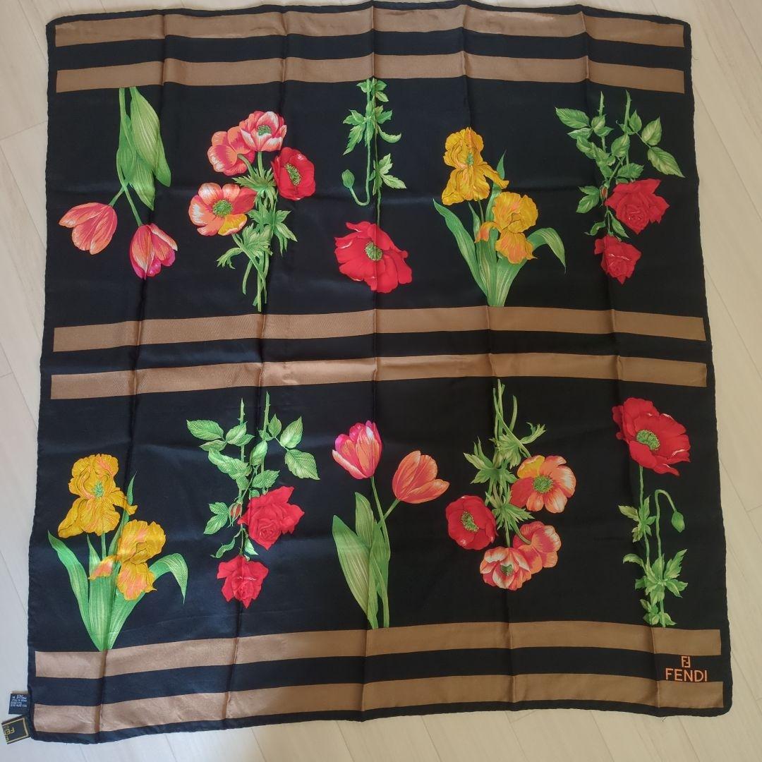 フェンディ FENDI スカーフ ストール 大判 シルク 絹 ボーダー 花柄 薔
