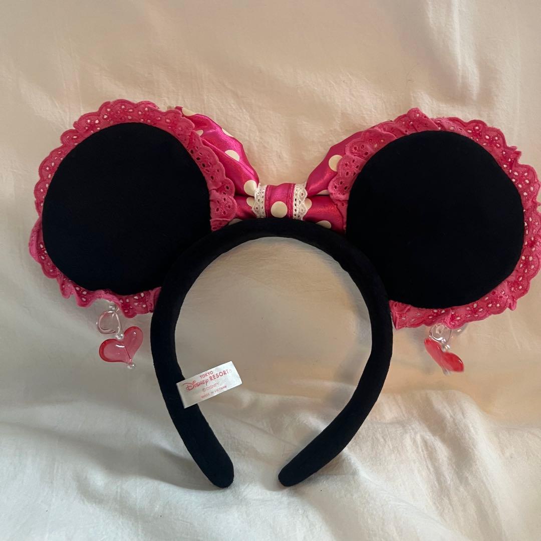 ディズニー　ミニー　水玉　ビーズ　カチューシャ　ピンク　イヤリング