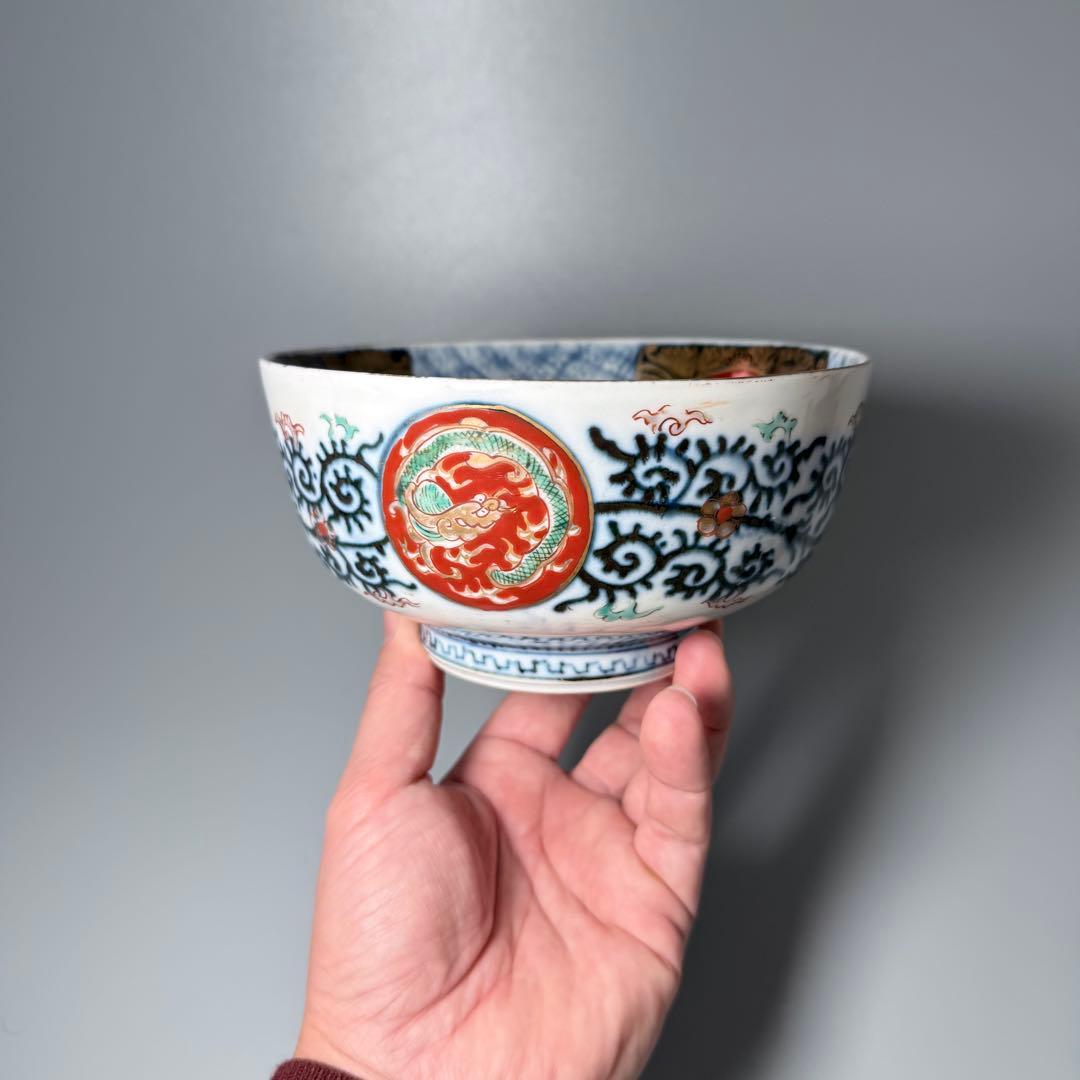 明治時代　染錦龍鳳凰文中鉢　2個　花唐草文　角冨印　古器を楽しむ　アンティーク器