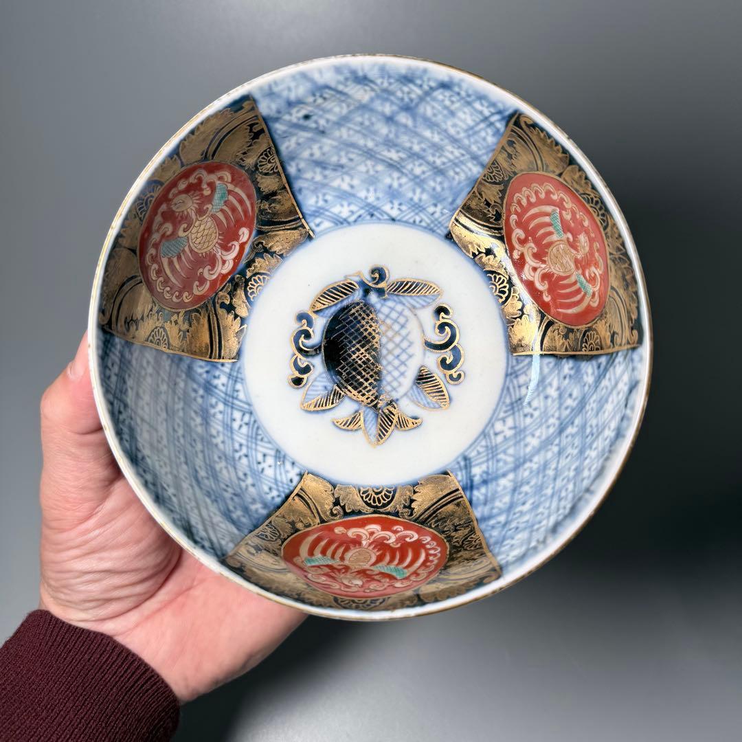 明治時代　染錦龍鳳凰文中鉢　2個　花唐草文　角冨印　古器を楽しむ　アンティーク器