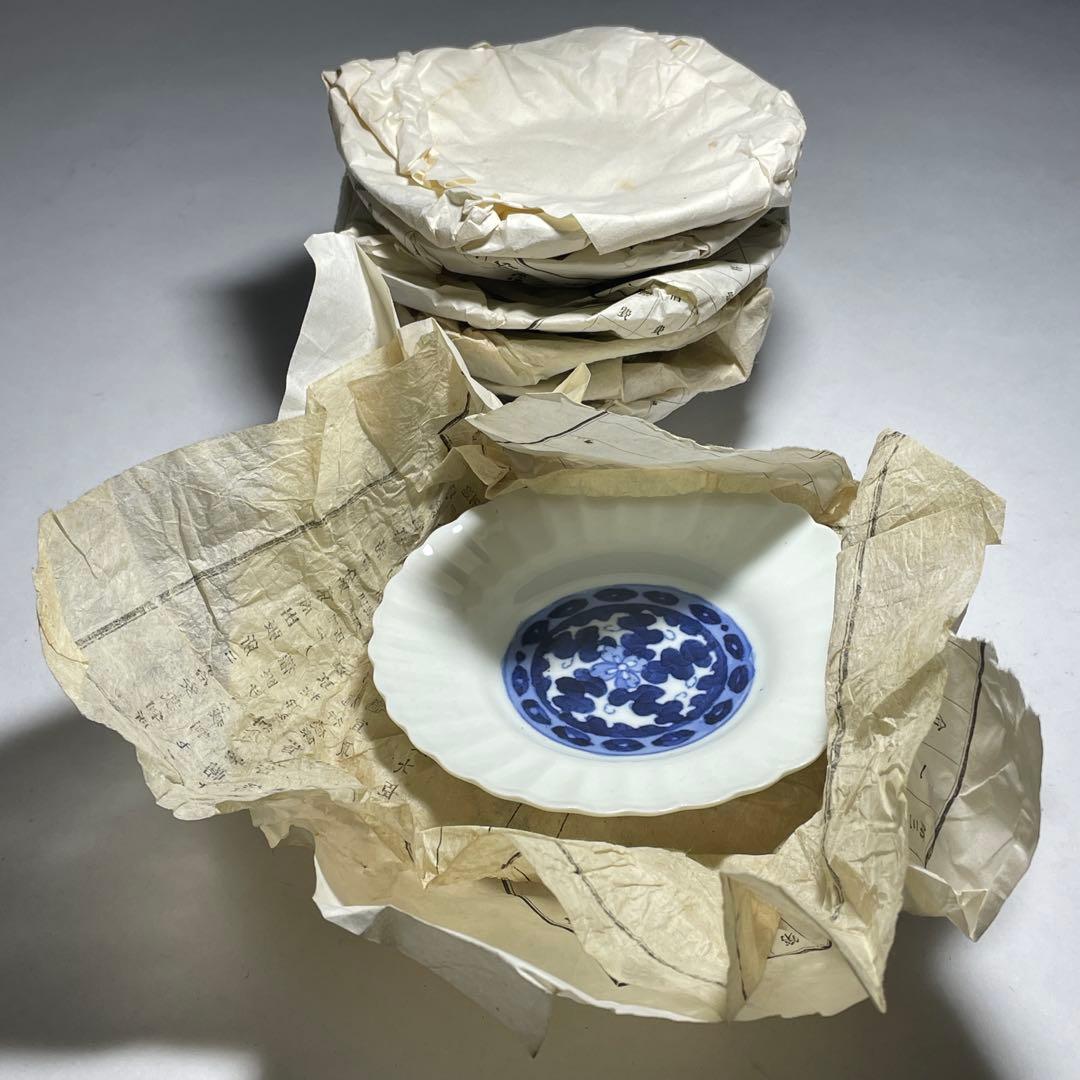 ◆染付菊形輪花皿7枚 花文 小皿中皿 旧家蔵出し品 美品 江戸幕末期〜明治初期◆