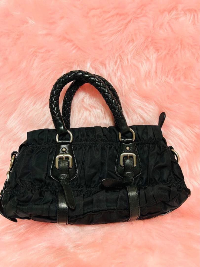【美品】PRADA 黒 ナイロン フリルバッグ