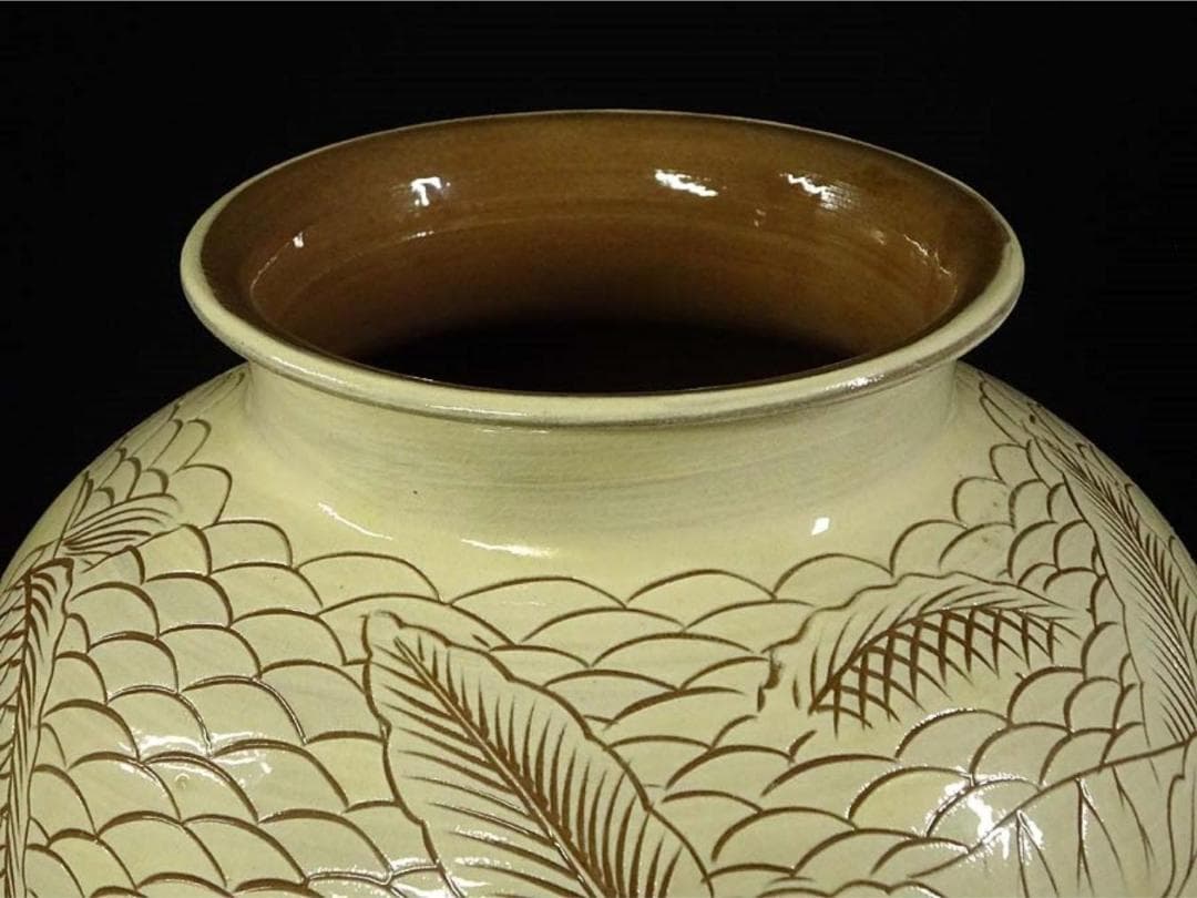 時代物 韓国美術 龍岩窯 鯉陰刻 花瓶 高約36cm 花器 箱付 c06193