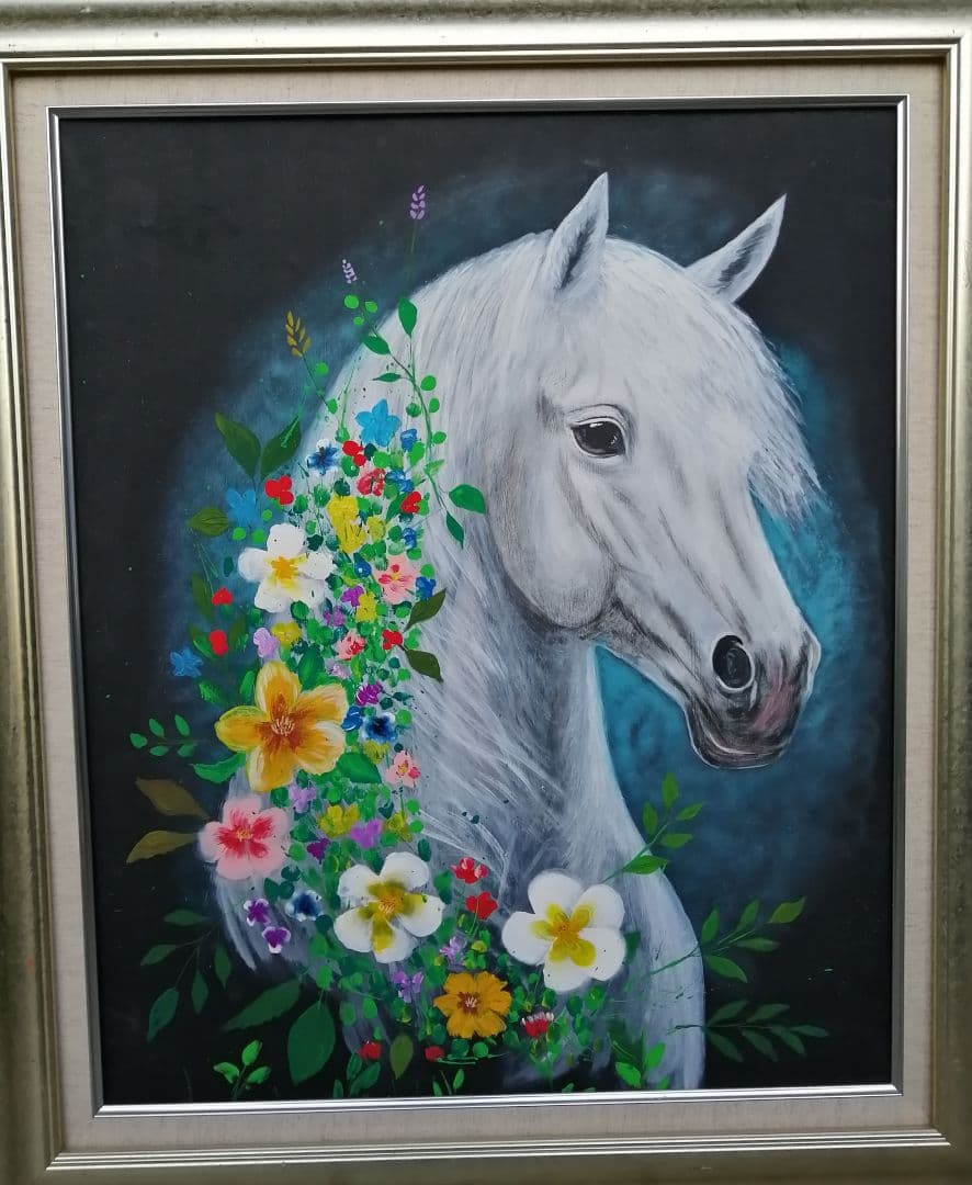絵画　アクリル絵　額縁　ボード　動物 馬　干支　花