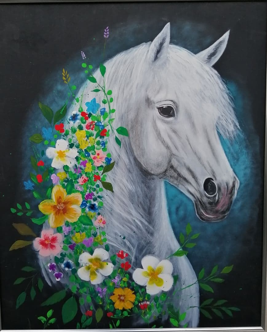 絵画　アクリル絵　額縁　ボード　動物 馬　干支　花