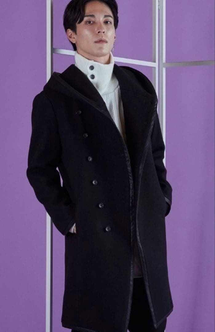 【極美品】フード付きパイピングフーデッドロングラップコートweb完売商品