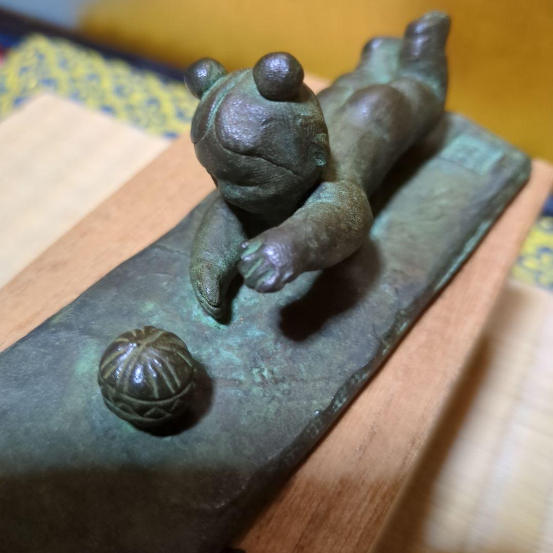 蝋型鋳銅、子供と毬と犬の日和、文鎮置物 木箱付き