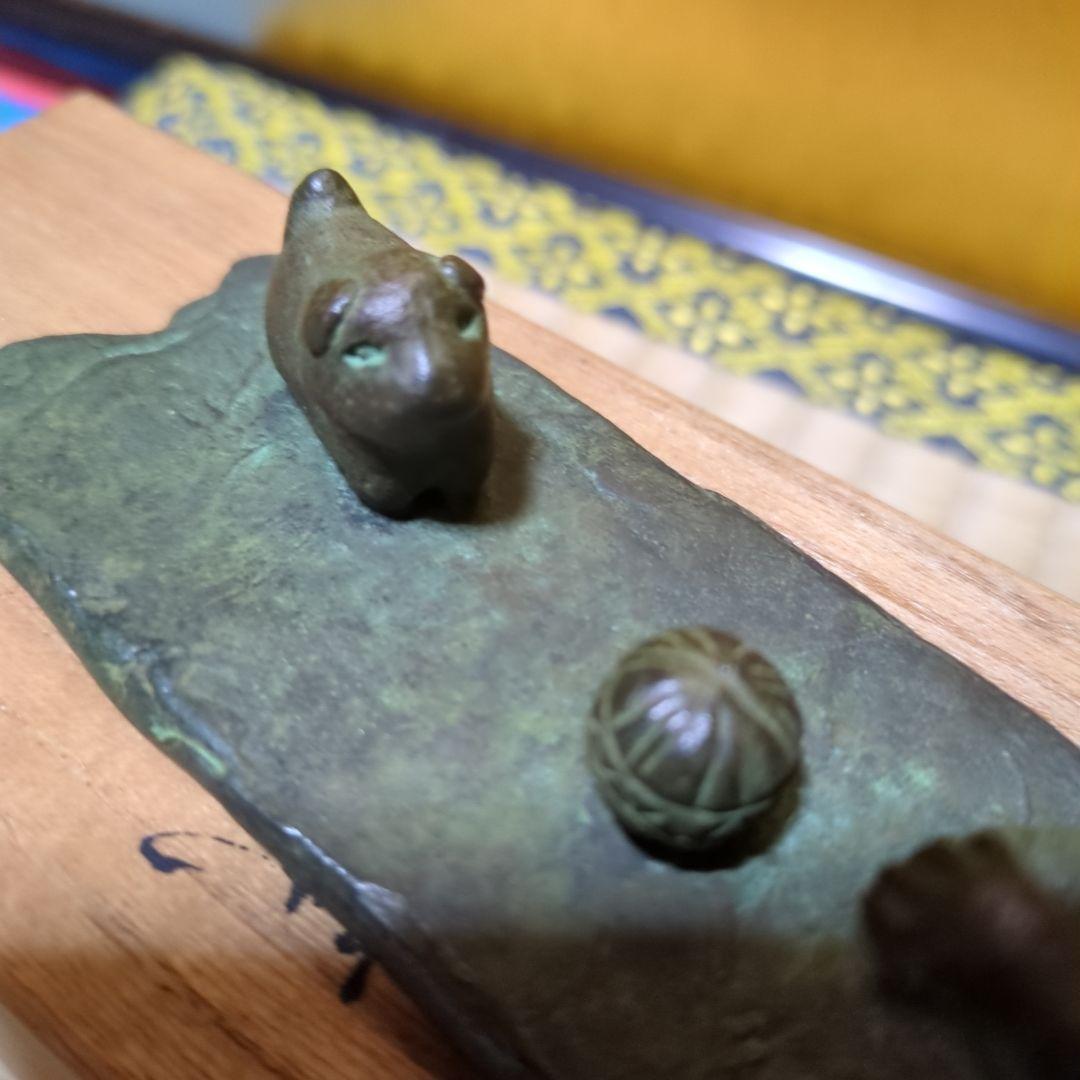 蝋型鋳銅、子供と毬と犬の日和、文鎮置物 木箱付き