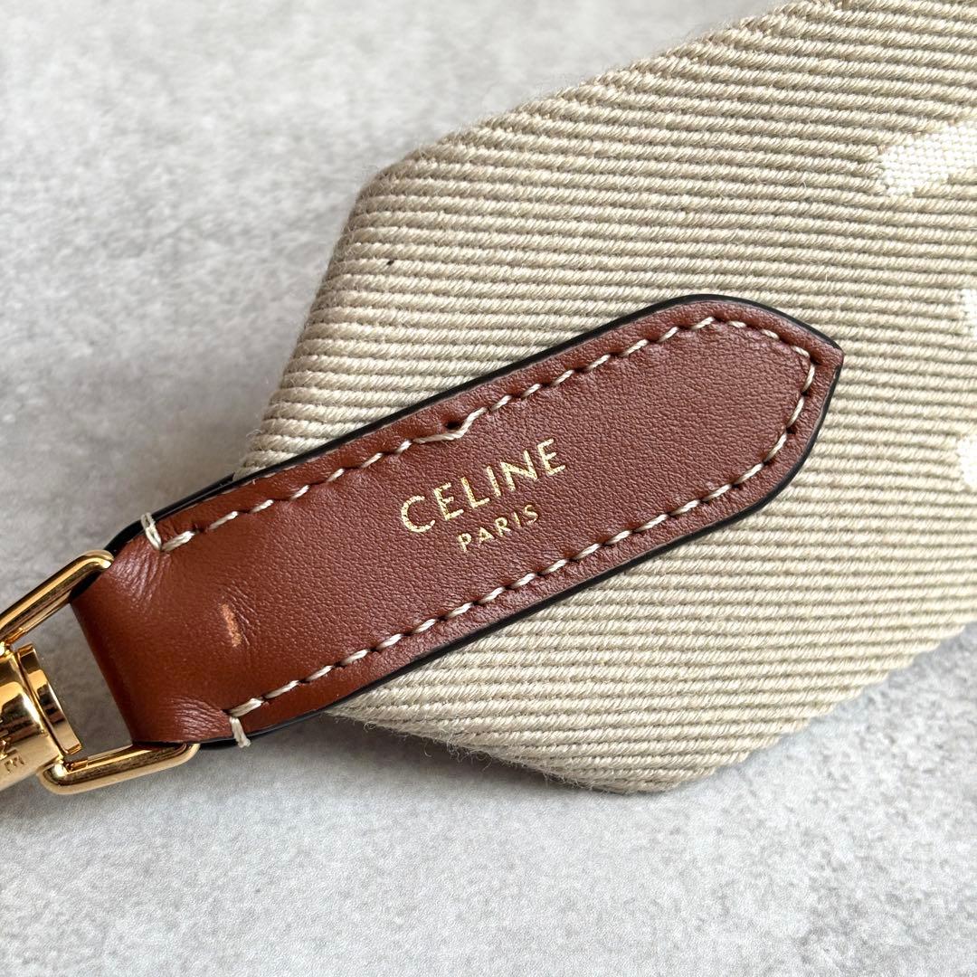 未使用級 CELINE ロゴ ジャカード ロングストラップ ベージュ キャンバス