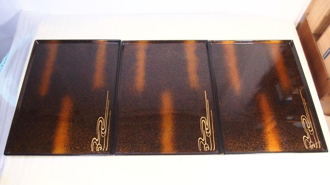 【良品】輪島塗 長手脇引膳 5客 梨地霞/波蒔絵 卓上膳/懐石膳/会席膳 漆器