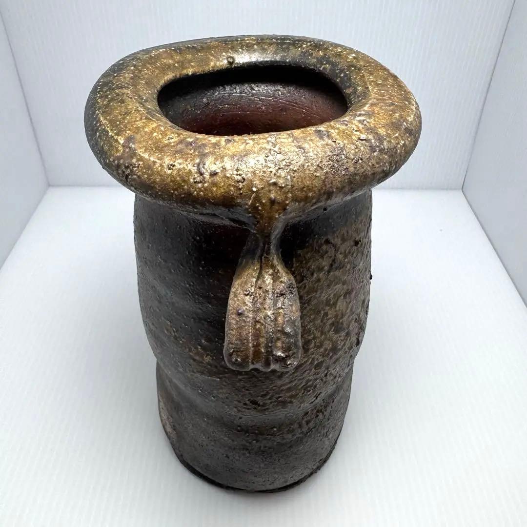 未使用 備前焼 斉藤隆 持ち手付き 花生 花瓶 花器 壺 伝統工芸 美術品