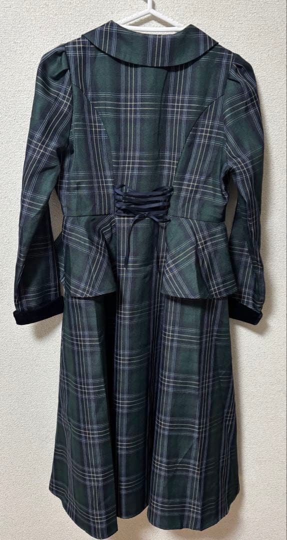 【新品】別珍ラペルペプラムチェックワンピース グリーン