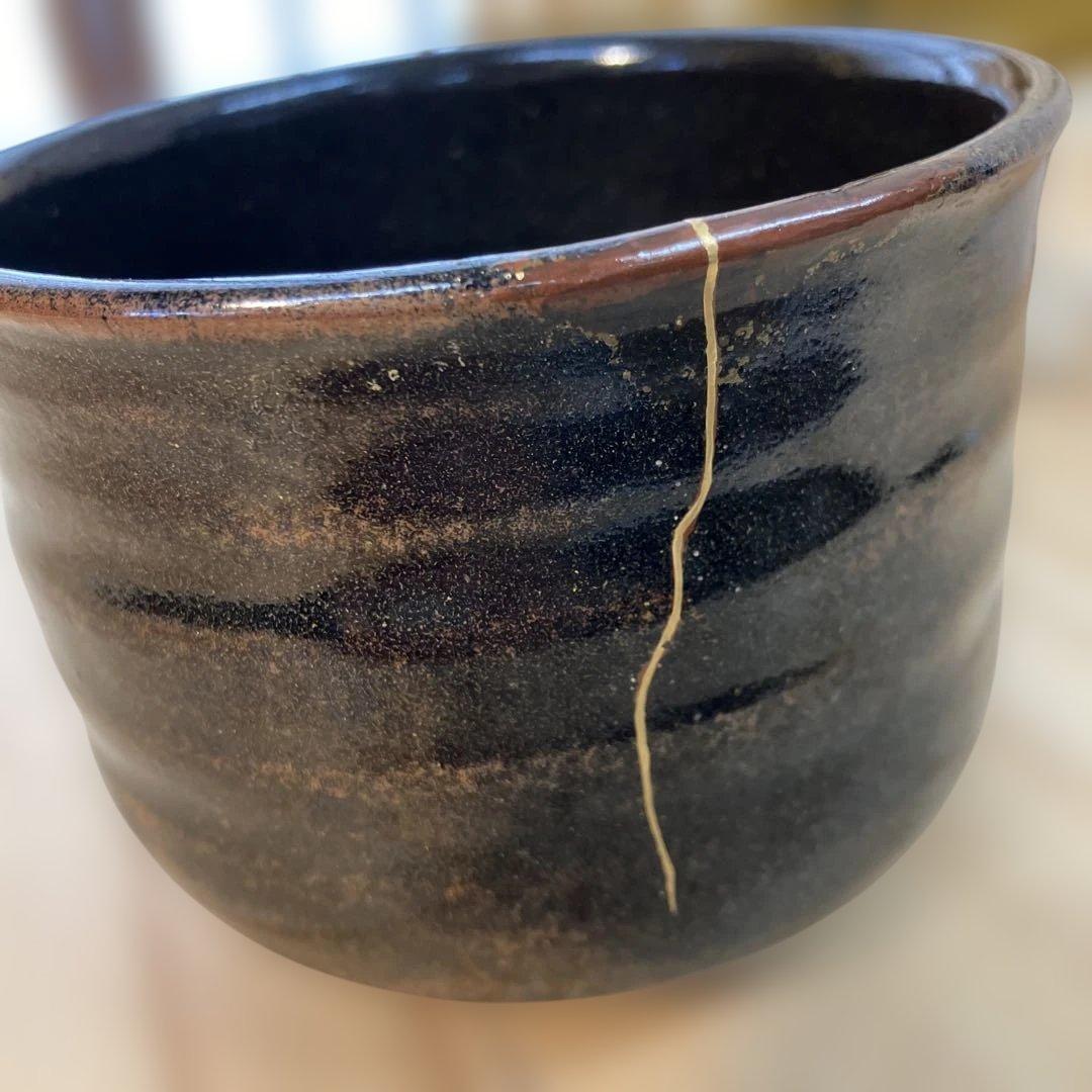 茶道具　茶碗　黒茶碗半筒　金継有り　夜寒窯造　共箱　N212CW