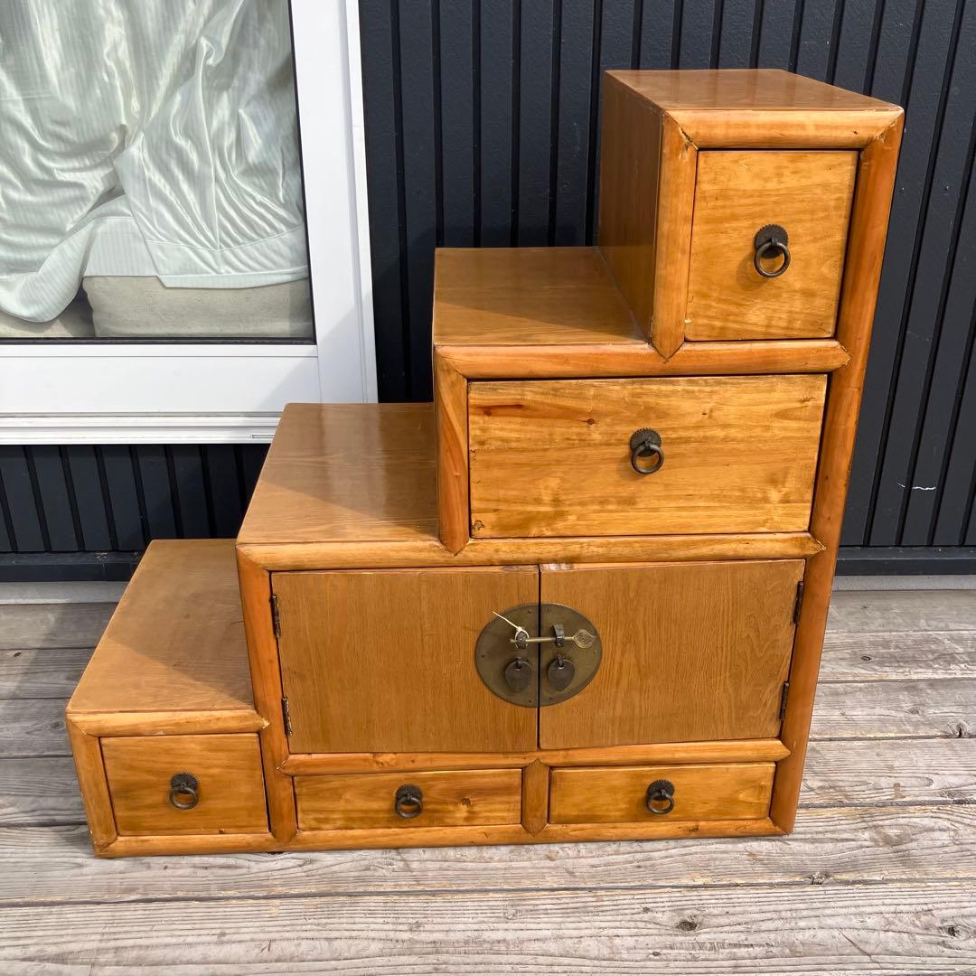 ② 昭和レトロ 中国古典家具 木製 階段箪笥 サイドボード 古家具 両面引き出し