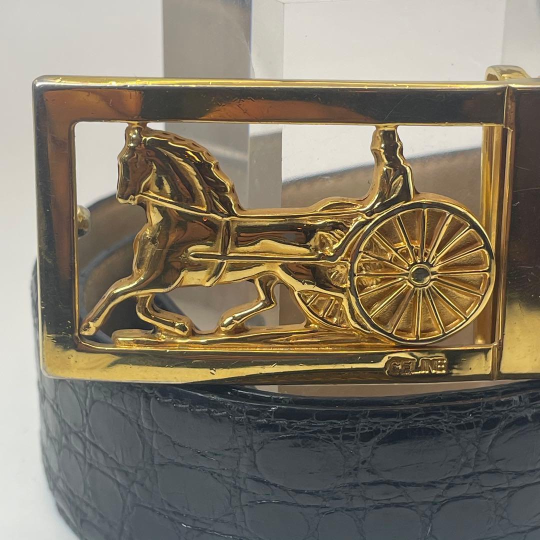 CELINE ✨セリーヌ クロコダイル風　レザー ベルト 馬車金具 ゴールド