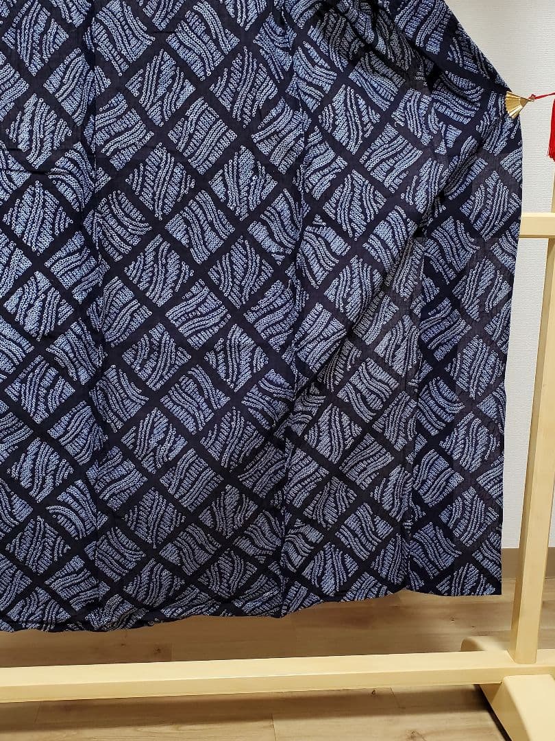 B4 美品 有松鳴海絞り 菱形に波模様 藍染 綿 浴衣 着物 17