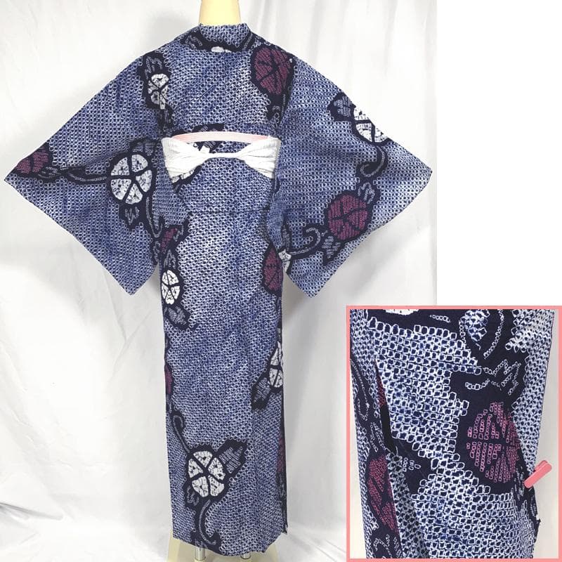 〇【最終値下げ】405mk74〇有松鳴海絞り 浴衣 蜘蛛絞り 朝顔〇しつけ付き