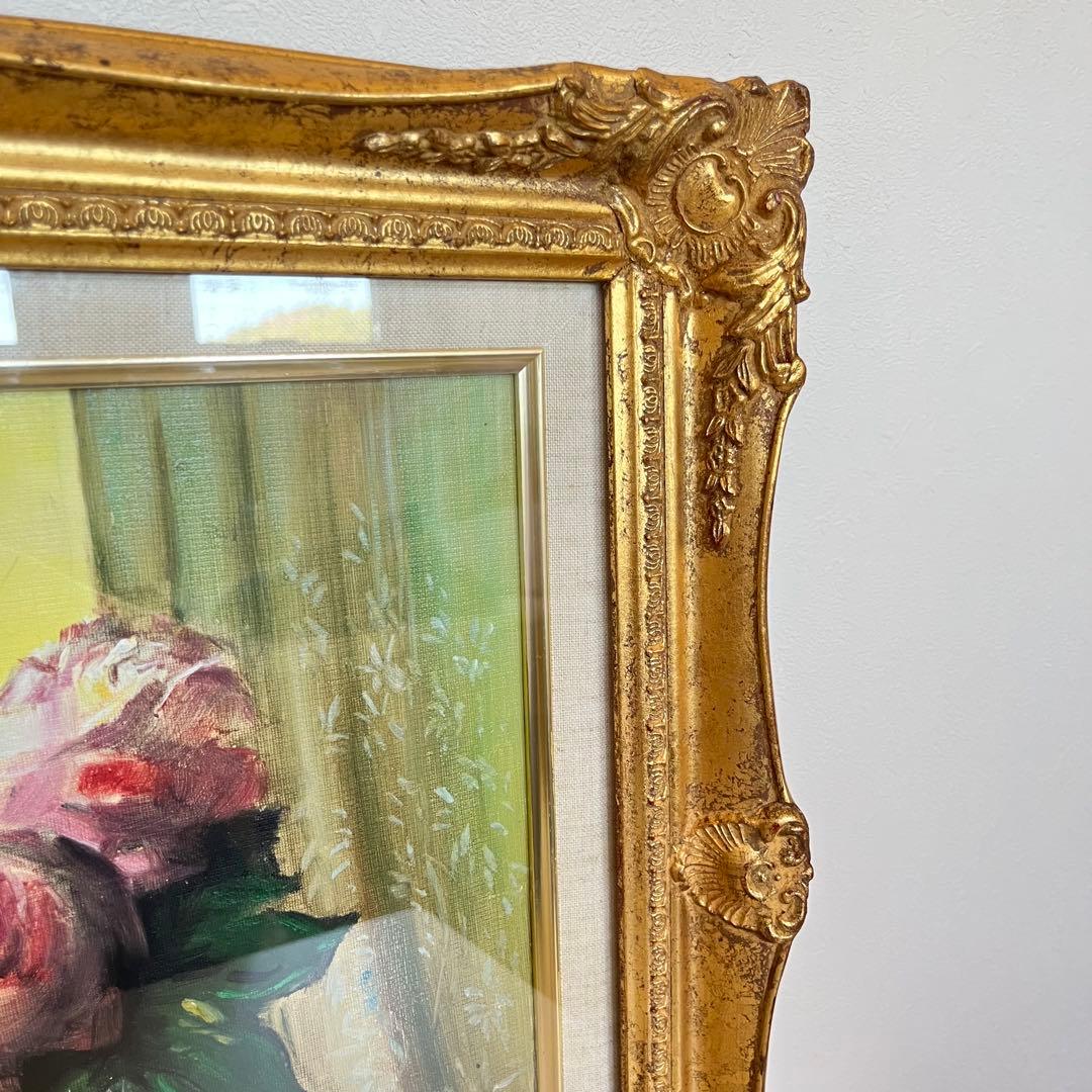 真作　肉筆油絵　窓辺のバラ　田崎順平　F6 額縁　花