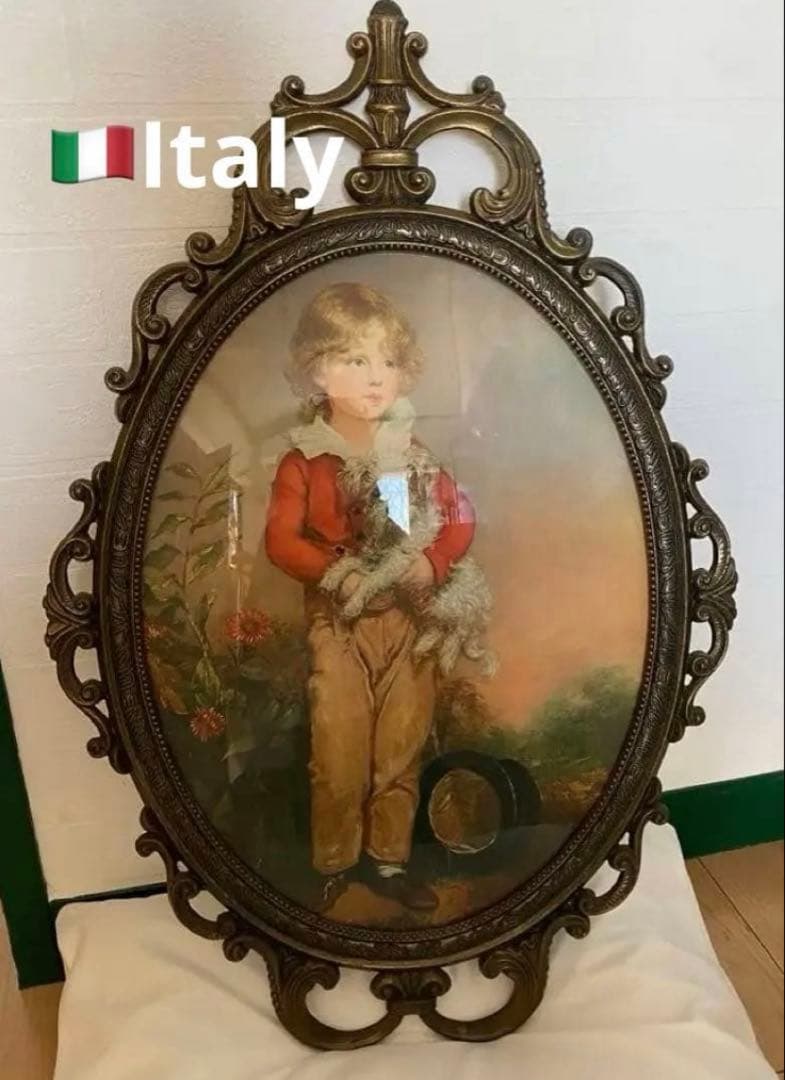 犬を抱いた少年　額装　Italy製