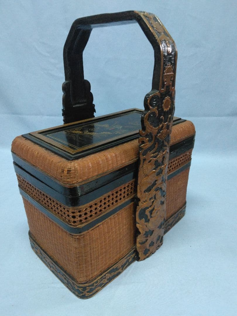 提藍（ていらん）　竹製茶箱　茶道具　煎茶 　金泥装飾　１段