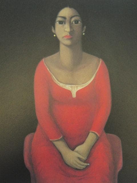 岡田肇彦、赤い服、希少画集画、新品高級額・額装付、状態良好