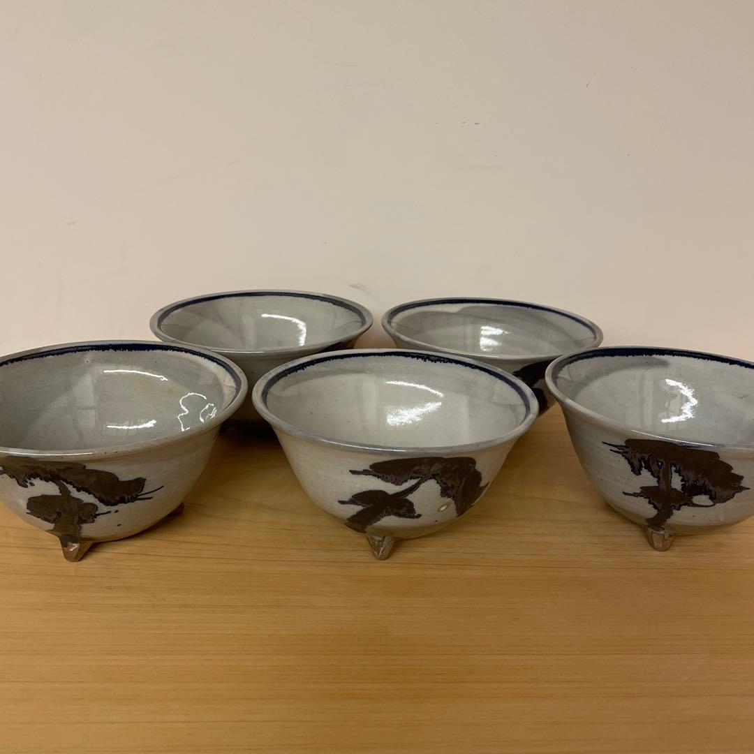 今井政之　粉引手松絵三足　鉢 揃　５客　共箱付き文化勲章を受章