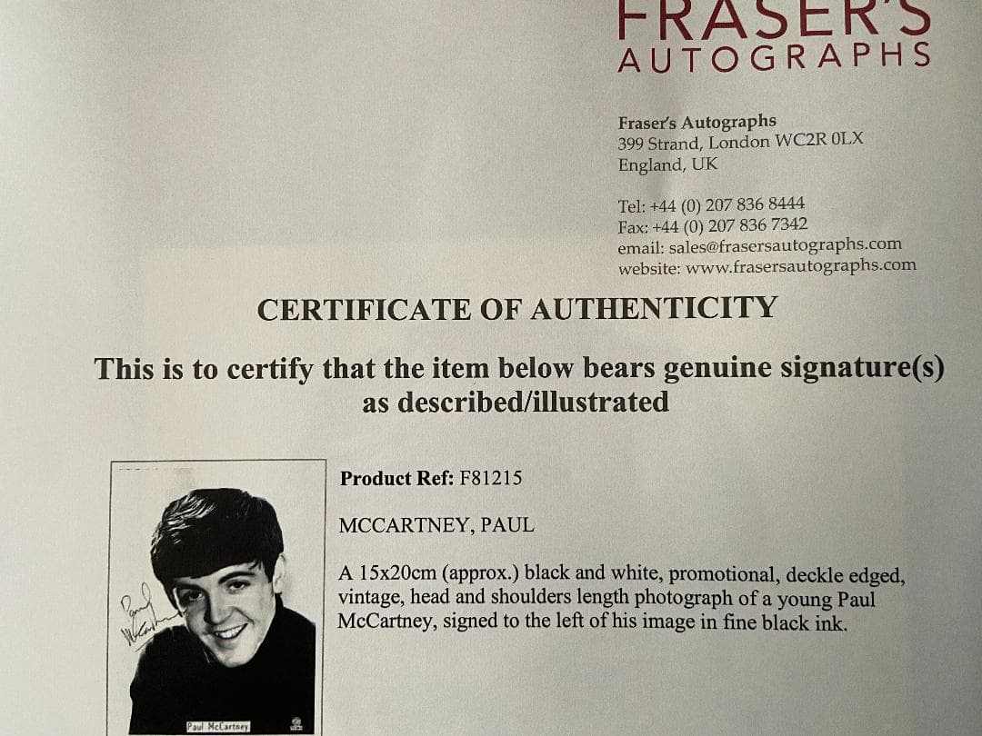 Paul McCartney　直筆サイン（鑑定書付き）