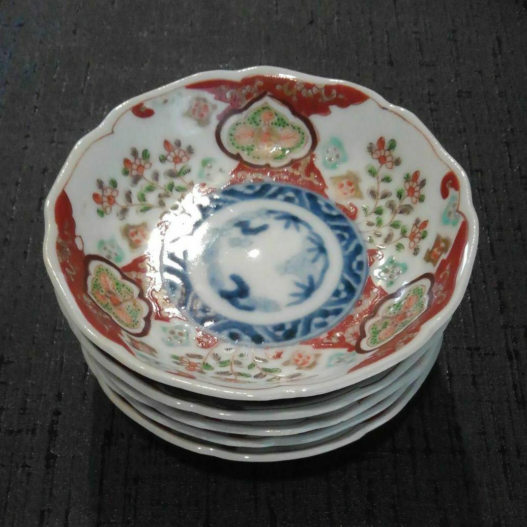 古伊万里上手　染錦窓絵草花紋皿五枚揃え