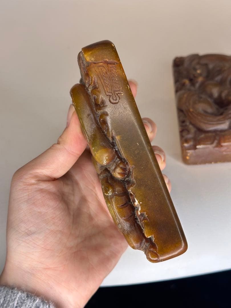 AC田黄石寿山石 龍紋彫刻 印章 大サイズ 二点セット 中国古美術 时代物