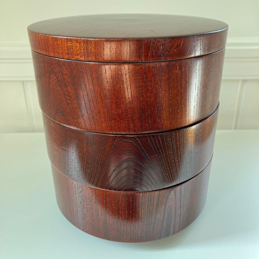 樹齢200年奥￼飛騨の天然木工芸品　乾燥4年ケヤキ重箱 3段 ダークブラウン