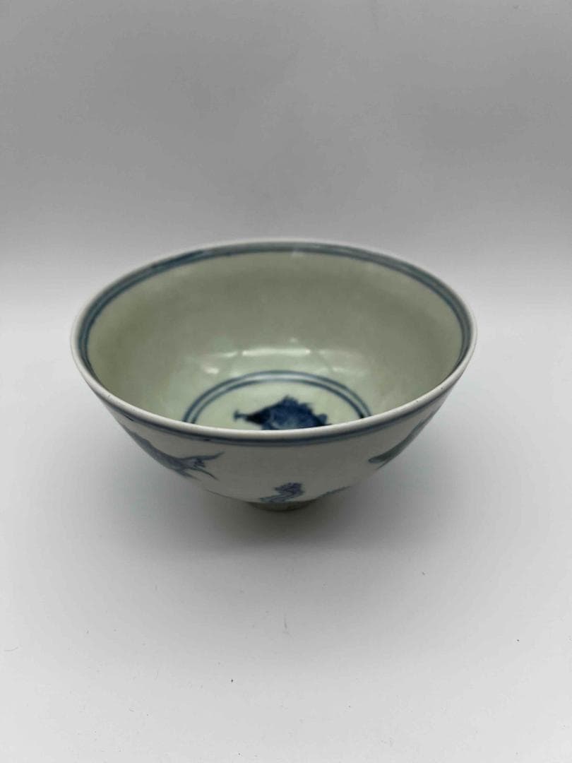 明時代　【大明成化年製】染付 青花魚藻文茶碗　古染付　唐物(D-86)