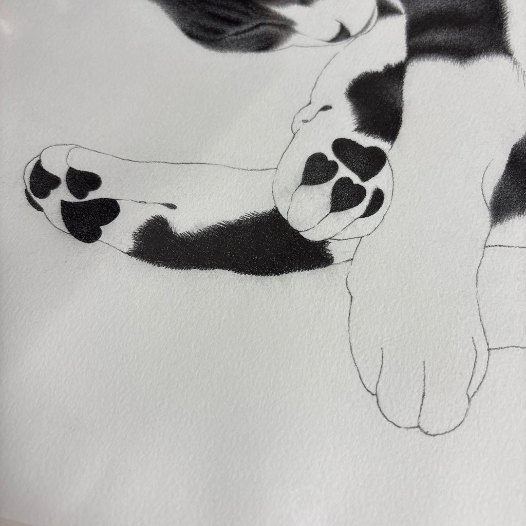 吉成信雄　猫の画(額縁付き) 肉球　　　 ハート　眠り猫