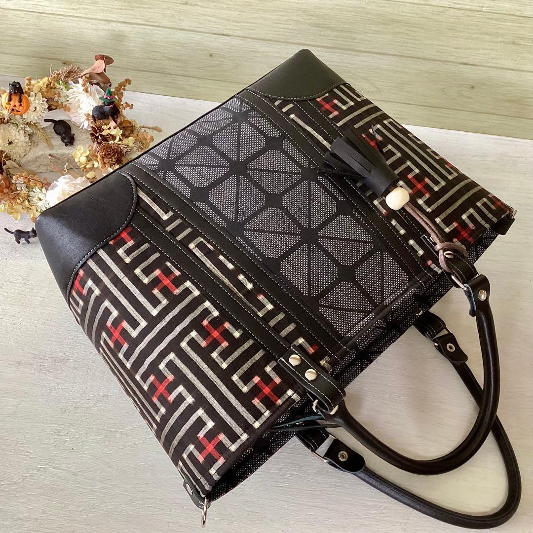秋名バラ 大島紬 ×本革 着物リメイク トートバッグ 和装バッグ ハンドメイド