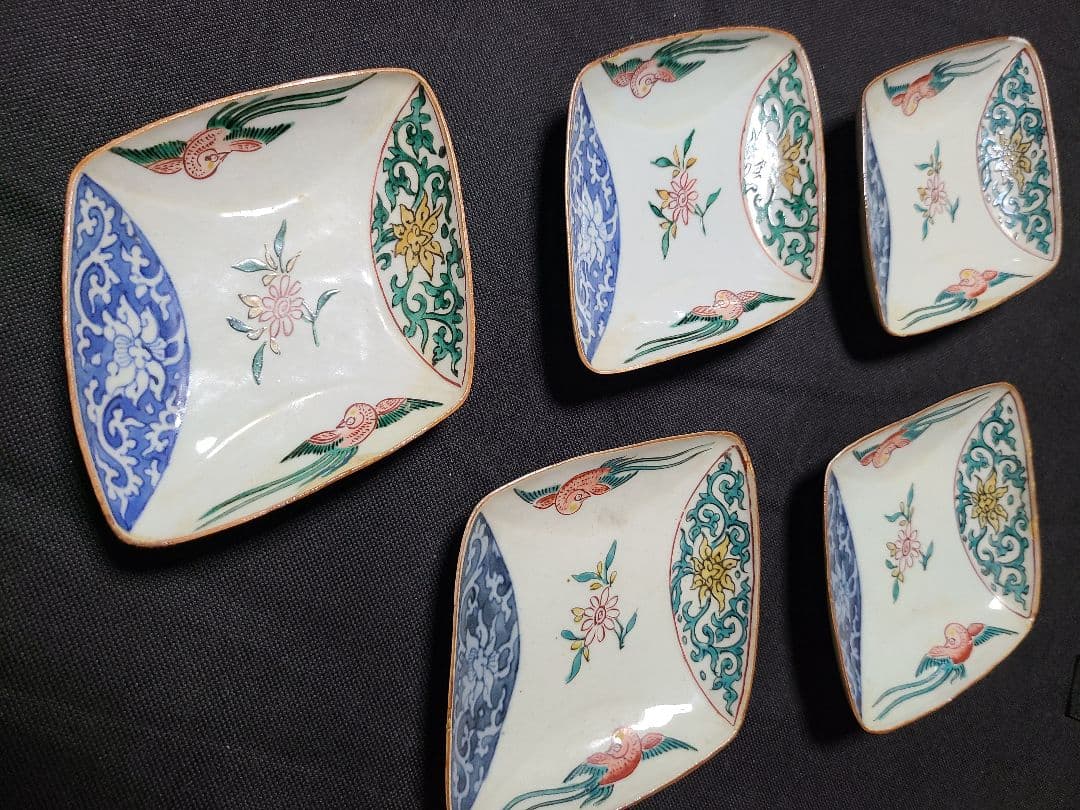 九谷焼初代須田菁華古九谷色絵菱形皿5枚